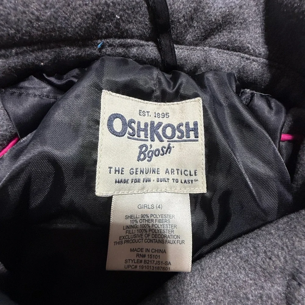 Preppy OshKosh B'gosh Pea Coat Gray Sherpa Hooded Jacket Cabincore Kids 4